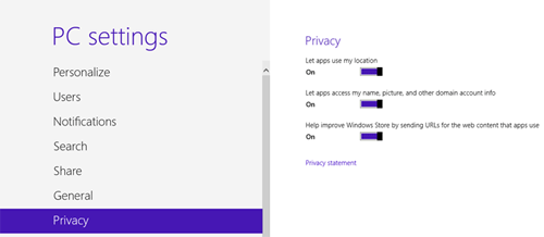 Windows 8 PC Settings, Privacy